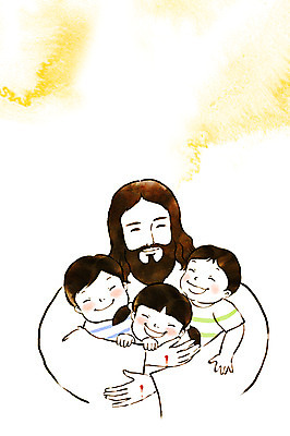 PSD 여자 남자 기독교 종교 어린이 일러스트 안기 수채화 사랑 웃음 여러명 상반신 성인 예수 번짐 국내일러스트 감정 다수 모션 표정 사람 신_종교 파일형식 효과