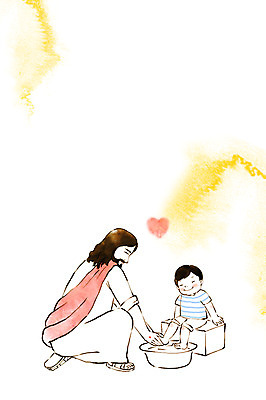 전신 PSD 남자 기독교 종교 어린이 일러스트 수채화 앉기 성인 두명 하트 예수 번짐 대야 세족 세족식 국내일러스트 모양 모션 사람 신_종교 파일형식 효과