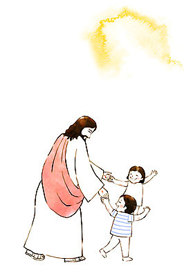 전신 PSD 여자 남자 기독교 종교 어린이 일러스트 수채화 서기 웃음 성인 세명 손잡기 예수 번짐 국내일러스트 모션 표정 사람 신_종교 파일형식 효과