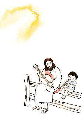 전신 PSD 남자 기독교 종교 어린이 연주 일러스트 노래 수채화 앉기 성인 두명 울타리 기타 예수 불기 피리 번짐 국내일러스트 음악 모션 현악기 사람 담장 신_종교 목관악기 파일형식 효과