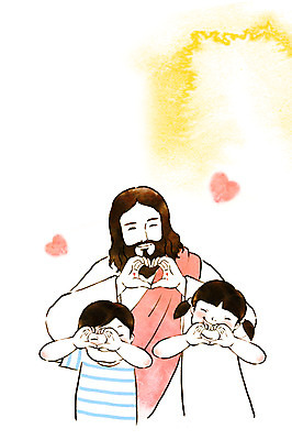 PSD 여자 남자 기독교 종교 어린이 일러스트 수채화 사랑 서기 상반신 성인 세명 하트 예수 번짐 손하트 국내일러스트 모양 감정 모션 사람 손짓 신_종교 파일형식 효과