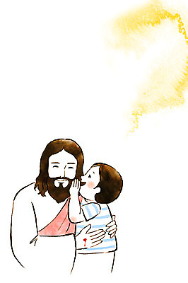 PSD 남자 기독교 종교 어린이 일러스트 수채화 상반신 성인 두명 예수 비밀 귓속말 약속 번짐 국내일러스트 컨셉 사람 신_종교 파일형식 효과