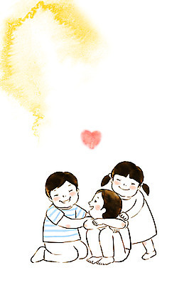 전신 PSD 여자 남자 기독교 종교 어린이 일러스트 수채화 서기 앉기 세명 하트 번짐 격려 위로 국내일러스트 모양 감정 모션 사람 파일형식 효과