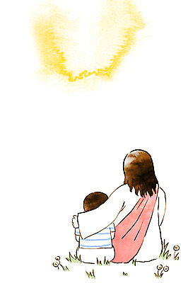 PSD 남자 기독교 종교 어린이 일러스트 어깨동무 수채화 앉기 초원 상반신 성인 두명 예수 번짐 격려 위로 국내일러스트 감정 포즈 모션 사람 신_종교 파일형식 효과