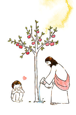 전신 PSD 나무 열매 남자 기독교 종교 어린이 일러스트 수채화 서기 앉기 성인 두명 예수 물주기 감사 번짐 국내일러스트 식물 감정 모션 사람 신_종교 파일형식 효과