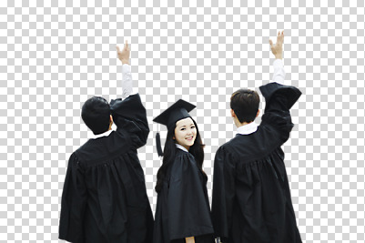 편집이미지 여자 남자 대학생 학사모 졸업 서기 상반신 20대 성인 뒷모습 세명 친구 청춘 손들기 우정 한국인 졸업가운 뒤돌아보기 PNG 손뻗기 성인만 편집소스 모자_잡화 학생 교육 뷰포인트 컨셉 관계 모션 사람 동양인 청년 가운 파일형식
