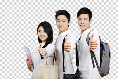 편집이미지 여자 남자 대학생 서기 미소 상반신 20대 성인 옆모습 세명 친구 청춘 우정 한국인 엄지손가락 최고 PNG 성인만 편집소스 학생 뷰포인트 컨셉 손가락 관계 모션 표정 사람 동양인 청년 파일형식