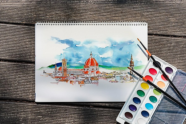 주간 PSD 편집이미지 수채화 사람없음 야외 물감 붓 팔레트 스케치북 그림 목업 나무배경 이미지편집 자연요소 백그라운드 학용품 미술도구 파일형식