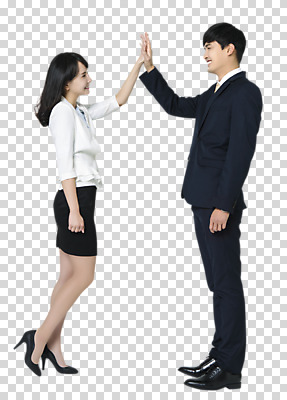 전신 편집이미지 여자 남자 서기 미소 20대 성인 두명 옆모습 마주보기 한국인 비즈니스맨 비즈니스우먼 동료 하이파이브 PNG 성인만 편집소스 뷰포인트 비즈니스 관계 모션 표정 사람 동양인 손짓 청년 직장인 파일형식