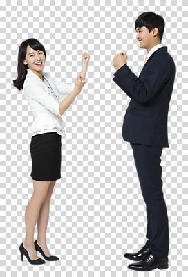 전신 편집이미지 여자 남자 서기 미소 20대 성인 두명 옆모습 마주보기 파이팅 주먹 한국인 비즈니스맨 비즈니스우먼 동료 PNG 성인만 편집소스 뷰포인트 비즈니스 관계 모션 표정 사람 동양인 청년 직장인 파일형식