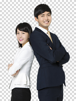 편집이미지 여자 남자 서기 미소 상반신 20대 성인 두명 옆모습 팔짱 한국인 등맞대기 비즈니스맨 비즈니스우먼 PNG 성인만 편집소스 뷰포인트 비즈니스 모션 표정 사람 동양인 청년 직장인 파일형식