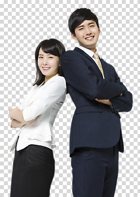 편집이미지 여자 남자 서기 미소 상반신 20대 성인 두명 옆모습 팔짱 한국인 등맞대기 비즈니스맨 비즈니스우먼 PNG 성인만 편집소스 뷰포인트 비즈니스 모션 표정 사람 동양인 청년 직장인 파일형식