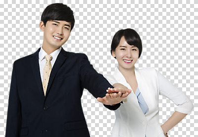 편집이미지 여자 남자 서기 미소 상반신 20대 성인 두명 앞모습 파이팅 한국인 비즈니스맨 비즈니스우먼 하이파이브 손모으기 PNG 성인만 편집소스 뷰포인트 비즈니스 모션 표정 사람 동양인 손짓 청년 직장인 파일형식