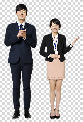 전신 편집이미지 여자 남자 서기 미소 손짓 20대 성인 두명 앞모습 한국인 비즈니스맨 비즈니스우먼 박수 PNG 성인만 편집소스 뷰포인트 비즈니스 모션 표정 사람 동양인 청년 직장인 파일형식
