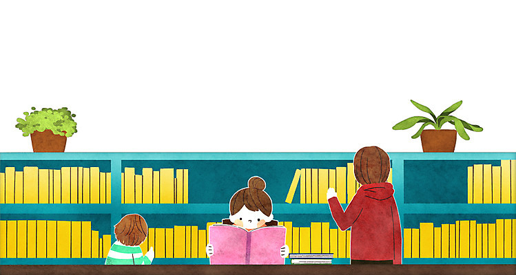 PSD 식물 여자 남자 화분 어린이 일러스트 책장 서기 앉기 상반신 책 세명 독서 도서관 국내일러스트 교육 가구 모션 사람 파일형식