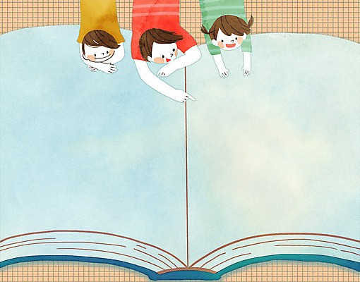 PSD 여자 남자 어린이 엎드리기 일러스트 프레임 웃음 상반신 책 세명 독서 펼침 프레임일러스트 국내일러스트 모션 표정 사람 파일형식