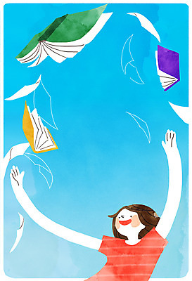 PSD 여자 종이 일러스트 하늘 한명 서기 상반신 성인 책 독서 국내일러스트 1 모션 사람 파일형식