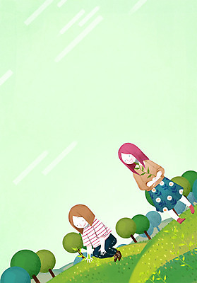 전신 PSD 나무 여자 일러스트 하늘 프레임 함께함 서기 앉기 초원 성인 두명 친구 새싹 언덕 심기 프레임일러스트 국내일러스트 식물 컨셉 관계 모션 사람 파일형식