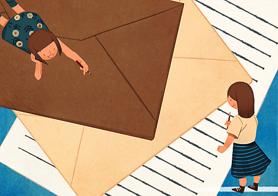 전신 PSD 여자 엎드리기 일러스트 편지봉투 함께함 서기 상반신 성인 두명 친구 연필 편지 편지지 편지쓰기 국내일러스트 컨셉 관계 모션 학용품 봉투 사람 필기구 기록 파일형식