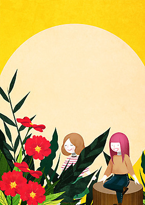 전신 PSD 여자 꽃 일러스트 나뭇잎 프레임 함께함 앉기 상반신 성인 두명 친구 프레임일러스트 국내일러스트 식물 컨셉 잎 관계 모션 사람 파일형식