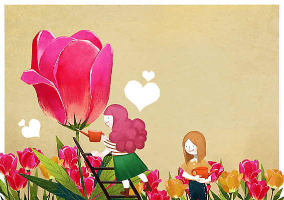 전신 PSD 식물 여자 꽃 일러스트 사다리 함께함 서기 상반신 성인 두명 친구 튤립 하트 물주기 국내일러스트 모양 컨셉 관계 모션 사람 도구 파일형식