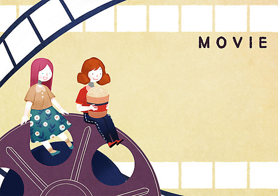 전신 PSD 여자 일러스트 프레임 함께함 들기 앉기 성인 두명 친구 필름 영화 팝콘 프레임일러스트 국내일러스트 컨셉 관계 모션 문화예술 사람 파일형식