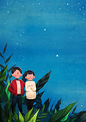 PSD 여자 남자 별 일러스트 밤하늘 나뭇잎 프레임 함께함 서기 상반신 성인 두명 프레임일러스트 국내일러스트 자연요소 컨셉 잎 모션 하늘 사람 야간 파일형식