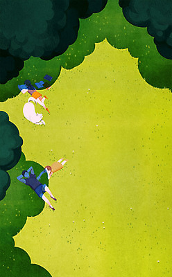 전신 PSD 나무 여자 남자 어린이 엎드리기 일러스트 가족 휴식 함께함 그림자 초원 성인 세명 눕기 독서 개 강아지 국내일러스트 식물 컨셉 포유류 관계 모션 사람 반려동물 파일형식