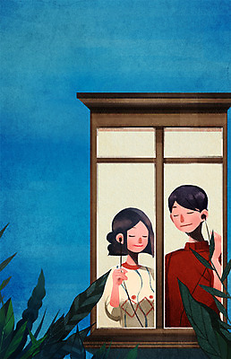 PSD 커플 여자 남자 음악 이어폰 일러스트 창문 나뭇잎 함께함 서기 상반신 성인 두명 친구 감상 창틀 국내일러스트 음향기기 컨셉 잎 관계 모션 문화예술 사람 파일형식