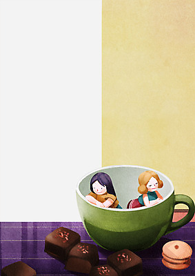 PSD 여자 일러스트 디저트 프레임 함께함 상반신 성인 두명 컵 친구 초콜릿 찻잔 마카롱 프레임일러스트 국내일러스트 식기 음식 컨셉 관계 잔 사람 파일형식