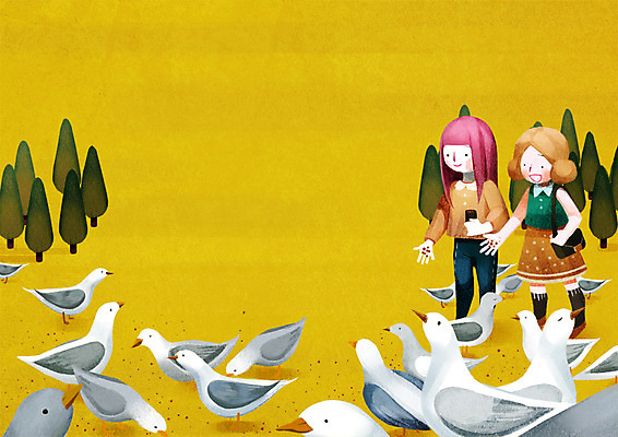 전신 PSD 나무 공원 여자 일러스트 함께함 서기 성인 두명 친구 모이 비둘기 모이주기 국내일러스트 식물 공공시설 컨셉 관계 모션 조류 사람 먹이 파일형식