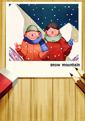 PSD 남자 겨울 일러스트 산 함께함 서기 상반신 성인 두명 친구 연필 눈 지우개 폴라로이드사진 국내일러스트 자연요소 계절 컨셉 관계 모션 날씨 학용품 사람 필기구 폴라로이드 파일형식