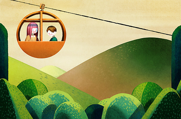 PSD 나무 여자 남자 일러스트 산 함께함 상반신 성인 두명 친구 구경 케이블카 국내일러스트 식물 컨셉 관계 사람 파일형식