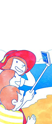 PSD 여자 남자 바다 일러스트 휴가 휴식 서기 들기 상반신 성인 해변 세명 여름 셀프카메라 셀카봉 국내일러스트 계절 컨셉 모션 사람 사진촬영 파일형식