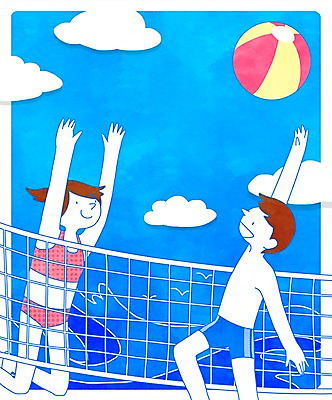 PSD 구름 여자 남자 스포츠 바다 일러스트 하늘 휴가 휴식 서기 상반신 성인 두명 여름 네트 비치볼 비치발리볼 국내일러스트 자연요소 계절 컨셉 공 모션 바캉스용품 사람 배구 파일형식
