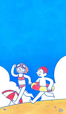 전신 PSD 구름 여자 남자 어린이 바다 일러스트 하늘 휴가 조개 휴식 서기 해변 두명 여름 파라솔 튜브 국내일러스트 자연요소 계절 컨셉 모션 어패류 사람 파일형식