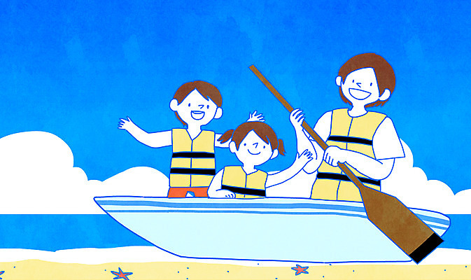 PSD 구름 여자 남자 어린이 바다 일러스트 가족 하늘 휴가 휴식 서기 상반신 성인 해변 세명 여름 노 구명조끼 선박 국내일러스트 자연요소 계절 컨셉 수상교통 관계 모션 사람 구조용품 파일형식