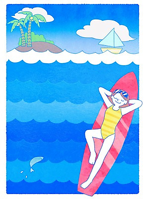 전신 PSD 구름 여자 바다 섬 일러스트 하늘 휴가 휴식 한명 성인 여름 야자수 눕기 서핑보드 선탠 선박 국내일러스트 자연요소 나무 1 계절 컨셉 수상교통 모션 사람 보드_스포츠 파일형식