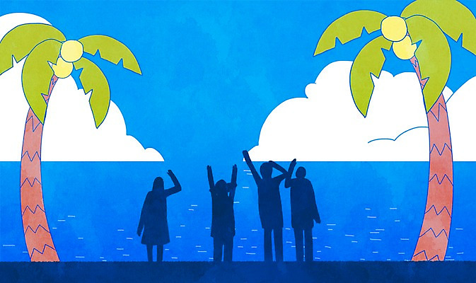 PSD 구름 여자 남자 실루엣 바다 일러스트 하늘 휴가 휴식 서기 여러명 성인 여름 야자수 국내일러스트 자연요소 나무 계절 다수 컨셉 모션 촬영기법 사람 파일형식