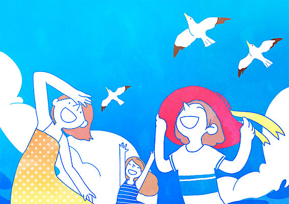 PSD 구름 여자 바다 일러스트 갈매기 하늘 휴가 휴식 서기 상반신 성인 세명 여름 구경 국내일러스트 자연요소 계절 컨셉 모션 조류 사람 파일형식