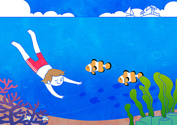 전신 PSD 구름 남자 바다 섬 일러스트 휴가 휴식 어류 한명 성인 여름 바닷속 수영 해조류 산호 크라운피쉬 흰동가리 선박 국내일러스트 자연요소 1 계절 컨셉 수상교통 사람 수중 수중동물 수상스포츠 해양식물 자포동물 파일형식