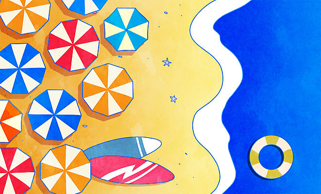 PSD 바다 일러스트 휴가 휴식 해변 사람없음 여름 파라솔 서핑보드 튜브 국내일러스트 계절 컨셉 보드_스포츠 파일형식