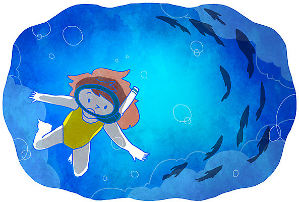 전신 PSD 여자 어린이 바다 일러스트 휴가 휴식 어류 한명 여름 바닷속 물방울 물안경 잠수 잠수경 국내일러스트 1 계절 컨셉 사람 수중 수중동물 수영용품 파일형식