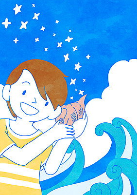 PSD 구름 남자 별 어린이 파도 바다 일러스트 휴가 휴식 한명 서기 들기 상반신 여름 소라 파도소리 국내일러스트 자연요소 1 계절 컨셉 모션 어패류 사람 소리 파일형식