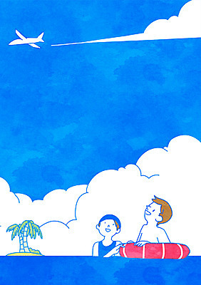 PSD 구름 여자 남자 바다 섬 일러스트 하늘 휴가 휴식 비행기 상반신 성인 두명 여름 수영 튜브 국내일러스트 자연요소 계절 컨셉 항공교통 대중교통 사람 수상스포츠 파일형식