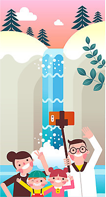 나무 구름 여자 남자 어린이 여행 일러스트 가족 휴가 가족여행 서기 들기 여러명 상반신 성인 관광지 카메라 사진촬영 폭포 바위 휴양지 셀카봉 국내일러스트 AI파일 자연요소 식물 다수 관계 모션 자연 사람 전자제품 촬영 장소 돌_바위 파일형식 벡터