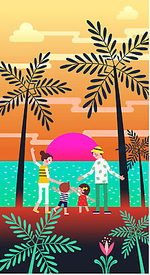 전신 나무 구름 여자 남자 어린이 여행 일러스트 가족 휴가 가족여행 서기 여러명 성인 관광지 야자수 태양 노을 휴양지 국내일러스트 AI파일 자연요소 식물 다수 관계 모션 사람 장소 파일형식 벡터