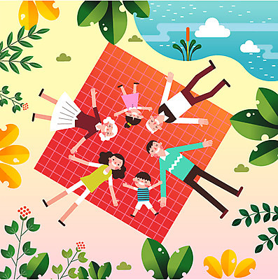 전신 구름 여자 할아버지 노년 남자 할머니 호수 어린이 여행 일러스트 가족 휴가 휴식 나뭇잎 가족여행 여러명 성인 눕기 돗자리 국내일러스트 AI파일 자연요소 다수 컨셉 잎 관계 모션 사람 파일형식 벡터