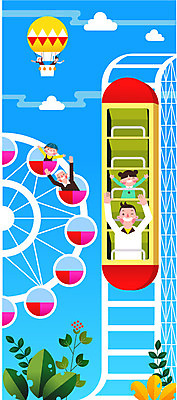 구름 여자 할아버지 노년 남자 할머니 어린이 여행 일러스트 가족 하늘 휴가 나뭇잎 가족여행 앉기 여러명 상반신 성인 놀이공원 열기구 놀이기구 대관람차 롤러코스터 국내일러스트 AI파일 자연요소 다수 잎 관계 항공교통 모션 사람 테마파크 파일형식 벡터