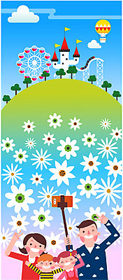 구름 여자 남자 어린이 여행 꽃밭 일러스트 가족 하늘 휴가 가족여행 서기 들기 초원 여러명 상반신 성인 사진촬영 열기구 성 놀이기구 셀프카메라 언덕 대관람차 롤러코스터 셀카봉 국내일러스트 AI파일 자연요소 건축물 꽃 다수 관계 항공교통 모션 사람 촬영 파일형식 벡터